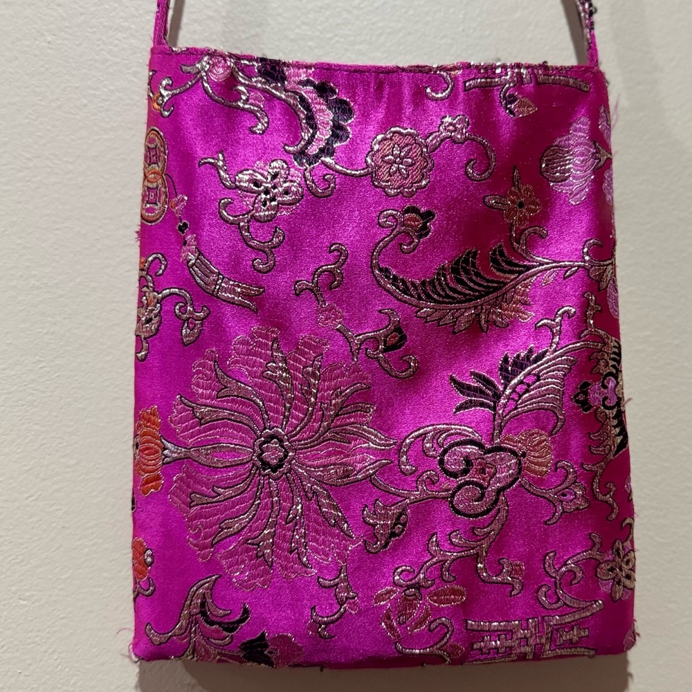 Pink Satin Crossbody Bag. Gold and black embroidery. 6”W x  8”L  Handmade